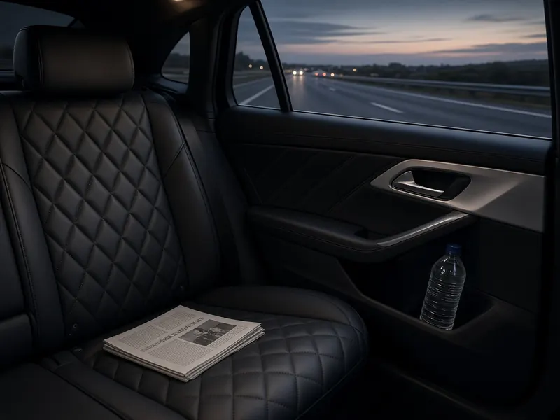 Black leather rear seat of a saloon car, with a motorway at dusk through the window